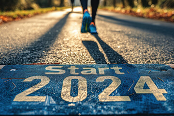 An athlete at the starting line of a middle or long distance race, with the text "Start 2024". Summer Olympic sports