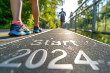 An athlete at the starting line of a middle or long distance race, with the text "Start 2024". Summer Olympic sports