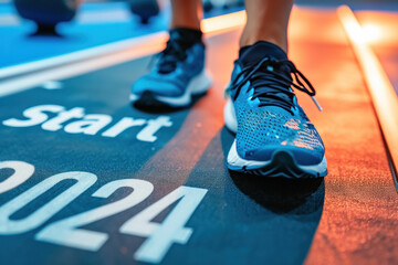 An athlete at the starting line of a middle or long distance race, with the text "Start 2024". Summer Olympic sports