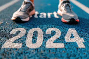 An athlete at the starting line of a middle or long distance race, with the text "Start 2024". Summer Olympic sports