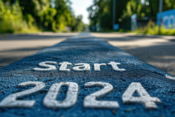 An athlete at the starting line of a middle or long distance race, with the text "Start 2024". Summer Olympic sports