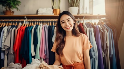 Naklejka na ściany i meble Beautiful Asian vlogger presenting cloths and dresses in online shopping business