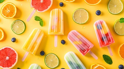 Summer food photography banner - Popsicles, various healthy fruit ice creams with fruits, isolated...