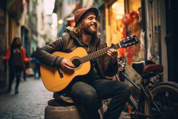 Acoustic Rhythms: A Young Male Musician Playing Guitar and Expressing Musical Freedom in an Urban Street Setting