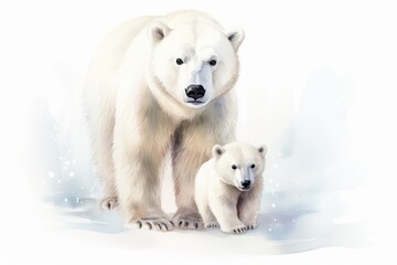 Polar bear with a bear cub, watercolor illustration on a white background. International Polar Bear Day Card