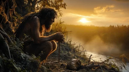 Foto op Canvas Chronicles of prehistoric life: primitive man, delving into the mysteries of early human existence, tools, culture, and survival in the ancient epochs of our evolutionary past © Alla