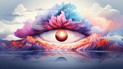 Unreal colorful eye of fantastic woman closeup illustration. Generative AI