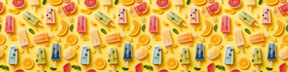 Summer food photography banner panorama long - Popsicles, various healthy fruit ice creams with...