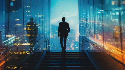 Businessman climbing stairs among night office buildings