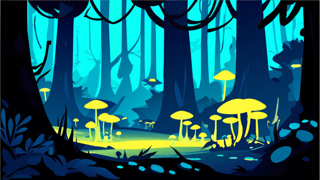 Bioluminescent mushrooms in a mystical forest. vektor illustation
