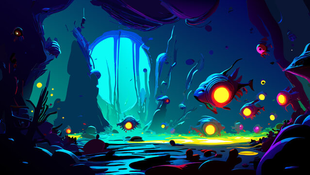 Bioluminescent creatures in a dark ocean. vektor illustation