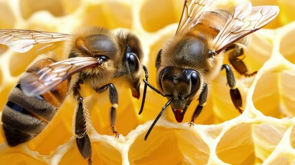 Naklejka premium A close-up of a bee emerging from a honey cell, a symbol of new beginnings. Bees tirelessly constructing honeycombs, their hexagonal cells a masterpiece of nature's engineering.