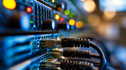 Network Cable Connection: Close-up of network cables and connectors, symbolizing the intricate connections in a modern technology center