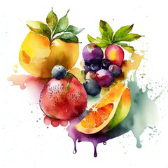Assortment of colorful fresh fruits in watercolor style.