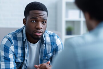 A Caring African American Psychologist Supporting A Troubled Young Man. Сoncept Mental Health Support, African American Representation, Troubled Youth, Psychological Care, Empathy And Understanding - obrazy, fototapety, plakaty