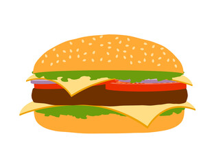 classic hamburger with meat chop tomato onion and cheese in a bun stock vector illustration