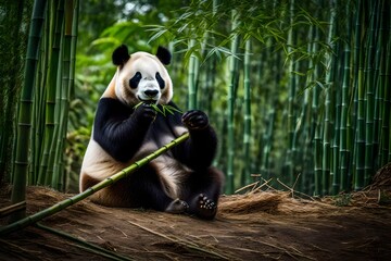 Panda indulges in bamboo feast, a delightful display of nature's simplicity