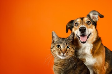A Friendly Dog And Cat Pose Together Against A Vibrant Orange Backdrop. Сoncept Pet Portraits, Dog...