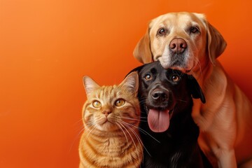 A Charming Canine And Feline Strike A Pose Amidst A Lively Orange Backdrop. Сoncept Pets Photo Session, Canine And Feline Portraits, Orange-Themed Photoshoot, Charming Animal Poses