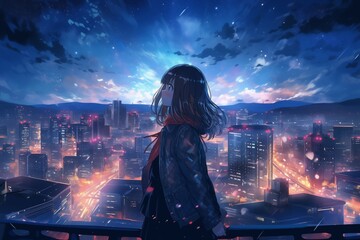 A Girl In Anime Style Gazes At A Cityscape In The Night, Blending Cuteness And Melancholy. Сoncept Anime Art, Night Cityscape, Cute Melancholy, Girl Gazing, Blending Cuteness - obrazy, fototapety, plakaty