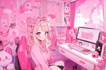 A Popular Vtuber Streams From Her Vibrant Pink Bedroom To Her Fans. Сoncept Vtuber Bedroom Setup, Colorful Streaming, Pink Aesthetic, Fan Interaction, Live Streaming