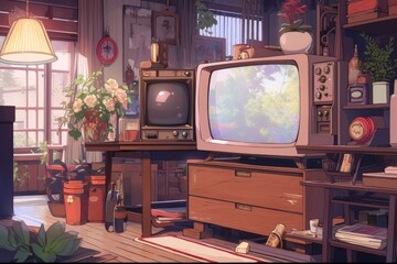 Creating A Lofi Atmosphere With A Vintage Tv In A Nostalgic Living Space. Сoncept Vintage Tv, Lofi Vibes, Nostalgic Living Space, Retro Decor, Cozy Ambiance