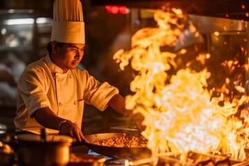 A Skilled Chef Masterfully Prepares A Delectable Dish Over An Open Flame Standard. Сoncept Gourmet Bbq, Culinary Excellence, Grilled Delights, Flame-Kissed Creations, Cooking Outdoors