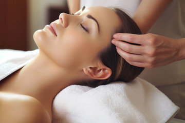 Naklejka premium a woman with her eyes closed receives a facial massage while lying on a massage table, the masseur's hands work on massaging the woman's neck and chin. Rejuvenating contour facial massage