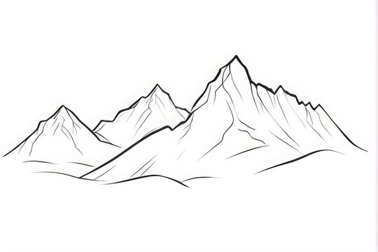 Hand drawn Mountains black and white Mountain silhouette hand drawn. Outline sketch of peaks for kids coloring.
