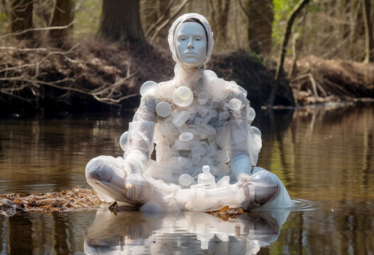 Artistic interpretation of pollution with plastic bottle sculpture Generative AI image