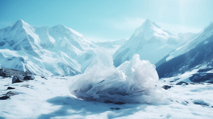 Plastic bag pollution contrasting snowy mountain landscape Generative AI image