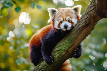 Adorable Red Panda Perched Gracefully On A Tree Branch In Nature. Сoncept Wildlife Photography,...