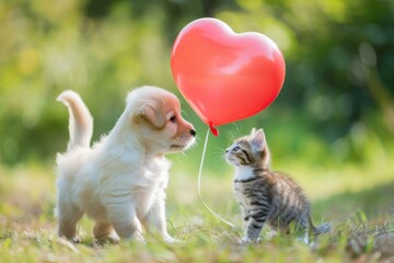 Fototapeta na wymiar Adorable Puppy And Kitten Share A Playful Moment With A Heart Balloon