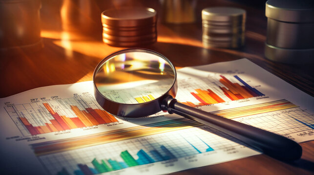 Magnifying Glass on Computer Keyboard, Enhancing Business Control and Market Research. Business Control over quotes and shares. Market research. Trader.