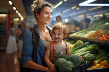 A happy young woman with a little daughter is buying fresh vegetables and fruits in the supermarket. - obrazy, fototapety, plakaty