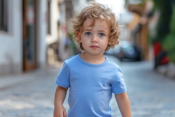 Street Mockup Featuring A Little Boy In A Blue T-Shirt