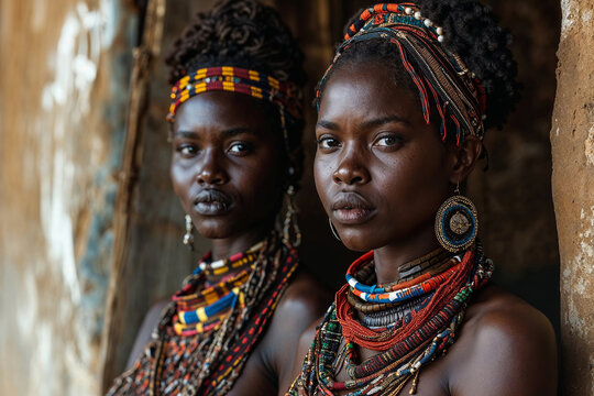 Generative AI illustration of two African women adorned with traditional jewelry and headdresses stand with a dignified presence