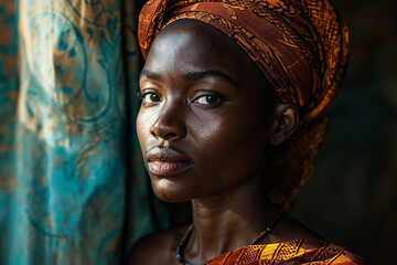 Generative AI illustration of serene African woman in a richly patterned headscarf looks thoughtfully past the camera, with a textured backdrop