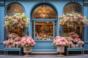 Romantic blue flower shop window with arches windows and pink peonies - obrazy, fototapety, plakaty
