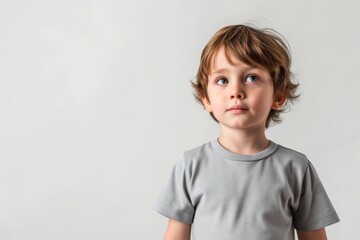 Little Boy In Light Gray Tshirt On White Background, Mockup
