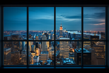 Bay window, interioe of an apartment with a view on New York skyline and the Empire State building at night, high-rise real estate property - obrazy, fototapety, plakaty