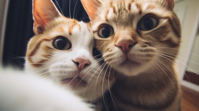 Two cute funny cats take a selfie. Neural network AI generated art