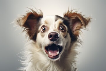 Studio portrait of a dog with a surprised face on a gray background.