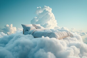 Bed Floats Above Fluffy Clouds, Symbolizing Tranquil And Peaceful Sleep. Сoncept Fantasy Sleepscape, Dreamy Bed, Cloud Floating, Peaceful Slumber - obrazy, fototapety, plakaty