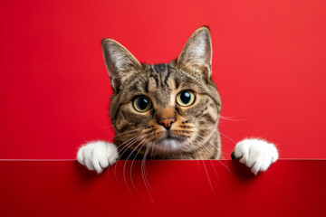 Cat Holding White Banner On Red Background