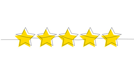One continuous line drawing of five stars yellow. Rating service and high quality review and feedback from customer in simple linear style. Vector illustration - obrazy, fototapety, plakaty