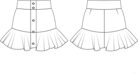 buttoned ruffled frilled short mini skirt template technical drawing flat sketch cad mockup fashion woman design style model - obrazy, fototapety, plakaty