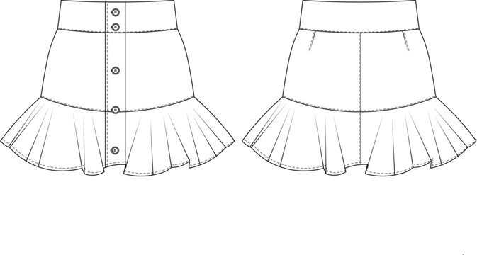 buttoned ruffled frilled short mini skirt template technical drawing flat sketch cad mockup fashion woman design style model
