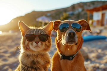 Cat And Dog Enjoying Summer Vacation Together In Sunny Destination. Сoncept Pets On Vacation, Fun In The Sun, Cat And Dog Adventures, Sunny Destinations, Furry Friends Travel