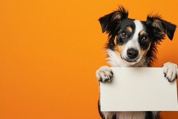 Dog Holding White Banner On Orange Background